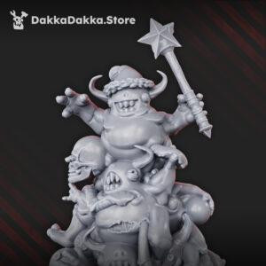 3D render of a Christmas-themed plague god orc/goblin totem miniature, rot deity with festive hat, star-shaped mace, and skulls – DakkaDakka.Store wargaming figure