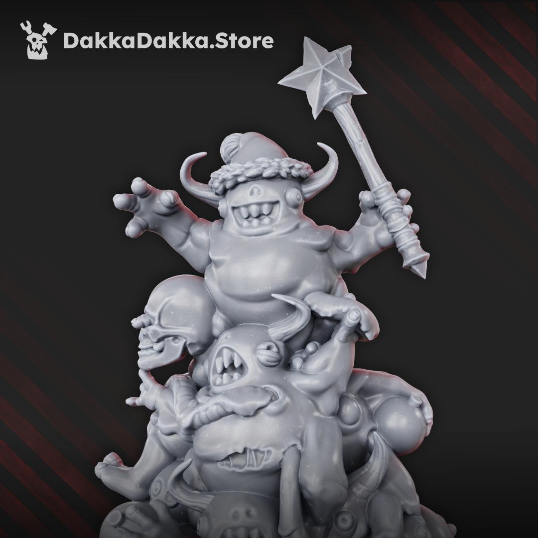 3D render of a Christmas-themed plague god orc/goblin totem miniature, rot deity with festive hat, star-shaped mace, and skulls – DakkaDakka.Store wargaming figure